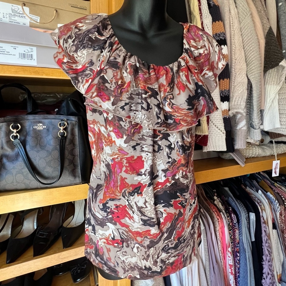 KENSIE 100% Silk Ruffle-Neck Top